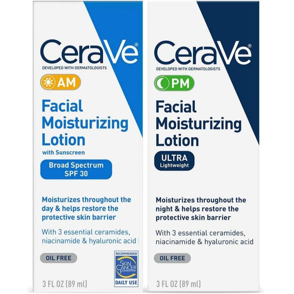 CeraVe Facial Moisturizing Lotion 3 Fl Oz (Pack of 2) AM/PM Bundle